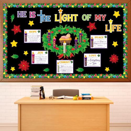 Christmas Advent Bulletin Board Set Advent Wreath Candle Classroom Decoration Love Hope Joy Peace Cutouts Xmas Nativity Bulletin Board for Winter Holiday Christian Religious Sunday School Wall Decor - style: Christmas Advent Bulletin Board