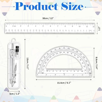 Coopay 3 Pcs Geometry Set, Clear Acrylic Ruler, Protractor and Compasses - size: 3 Pcs set