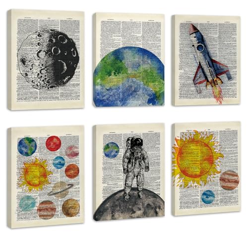 CHDITB Space Exploration Canvas Wall Art, Solar System Wall Decor, Set Of 6 Dictionary Outer Space Poster With Frame Astronaut Wall Art Universe Art Prints For Kids Room Nursery Decor (8x10 Inches) - color: Outer Space 2, size: 8x10 inches