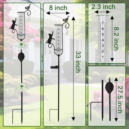 33in Solar Cat Bird Rain Gauge Metal Garden Stake Black Sculpture Decor - color: Cat