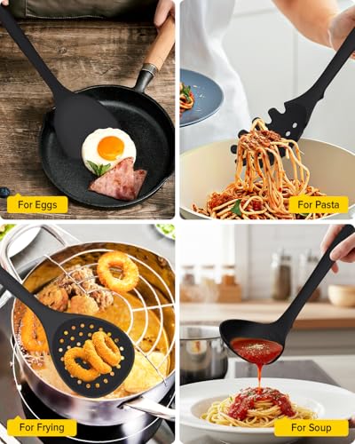 BUNDLEPRO Silicone Cooking Utensils Set, 9 Pcs Kitchen Utensils, One-Piece - color: Black