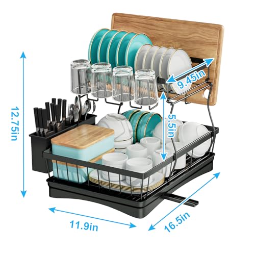 7 code 2-Tier Large Dish Drying Rack for Kitchen Counter, Black - color: Black