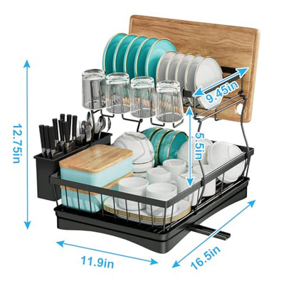 7 code 2-Tier Large Dish Drying Rack for Kitchen Counter, Black - color: Black