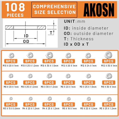 108-Piece, 18 Size, Stainless Steel Flat Washers Assortment Kit, Metal Screw Washers Set for Bolts, Industrial, Covering M3, M4, M5, M6, M8, M10, M12 - size: Stainless Steel - 108Pcs