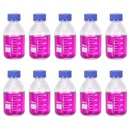 PATIKIL 10 Pack Reagent Media Storage Bottles, 500ml Borosilicate Glass Graduated Round Bottles with GL32 Blue Screw Cap for Lab Water Reagent Liquids, Clear - size: 500ml