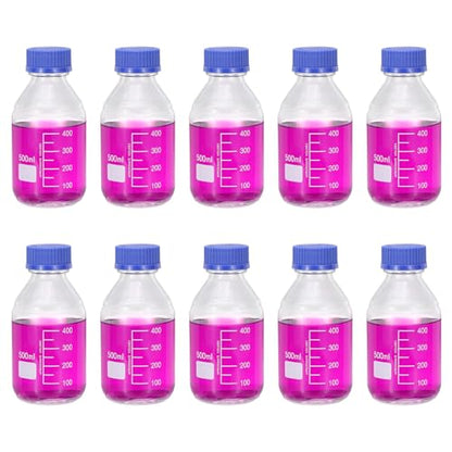 PATIKIL 10 Pack Reagent Media Storage Bottles, 500ml Borosilicate Glass Graduated Round Bottles with GL32 Blue Screw Cap for Lab Water Reagent Liquids, Clear - size: 500ml