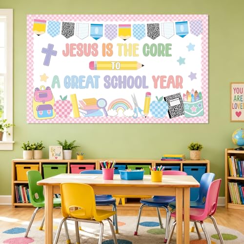 Pastel Christian Religious Bulletin Board Decorations Set Jesus is The Core to a Great School Year Classroom Decor Composition Paper Cutouts for Sunday School Home Wall Door Party Supplies - style: Pastel Christian