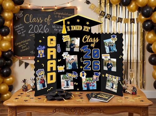 Moon Boat 5 Pack Graduation Decorations 2026 Trifold Poster Boards with Stickers Class of 2026 Grad Party Picture Display Supplies(Black Gold) - color: Black Gold