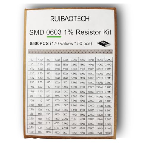 0603 SMD Resistor Assortment Kit (0-10M Ohm 1% Tolerance) Total 170 Values(Each 50 pcs) in One Surface Mount Chip Sample Book for Electronics Prototyping and Repairs - size: 0603 (0R-10M )50pcs/Value Resistors