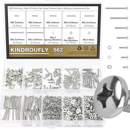 562 Pieces M2.5 x 4/6 /8/10 /12/16 /20mm Phillips Pan Head Machine Screws Nuts Washers Assortment Kit, 304 Stainless Steel, Fully Machine Thread - size: M2.5