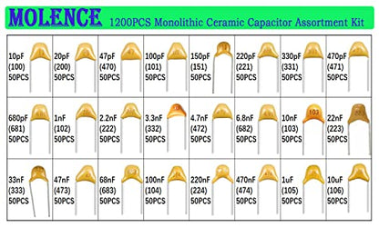 1200PCS 24 Values Multilayer Monolithic Ceramic Capacitor, 10pF to 10uF Ceramic Capacitor Assortment Kit with Storage Box for Hobby Electronics, Audio-Video