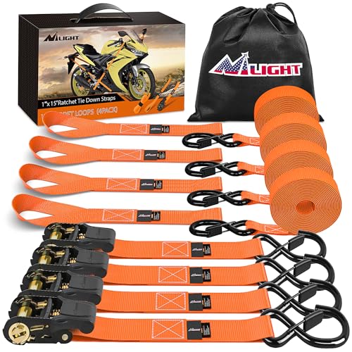 Nilight Ratchet Tie Down Straps 4500LBS Break Strength 1”×15’ Orange 4 Pack - color: 4Pcs 1in x 15ft Ratchet Straps