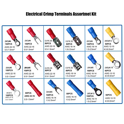 1500pcs Insulated Wire Electrical Connector Kit - 18 Types of Mixed Crimping Terminals, AWG 22-10, Ring,Fork,Spade,Butt-Crimp Terminals Assortment Kit for Automotive, Marine, Motocycle