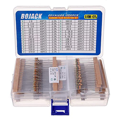 BOJACK 1000 Pcs 25 Values Resistor Kit 1 Ohm-1M Ohm with 5% 1/4W Carbon Film Resistors Assortment - size: 1/4 W