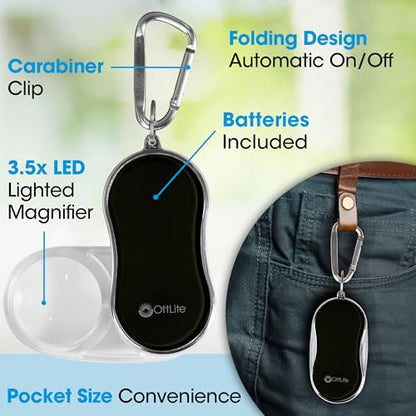 OttLite Pocket LED Magnifier with Carabiner Clip, Black - color: Black