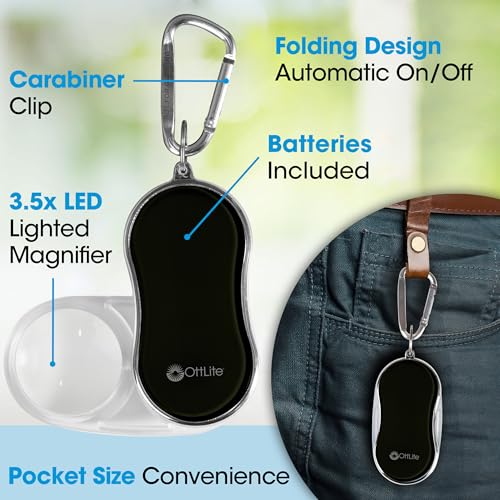 OttLite Pocket LED Magnifier with Carabiner Clip, Black - color: Black