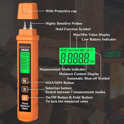 Wood Moisture Meter - Pin Type with 7-Material Calibration