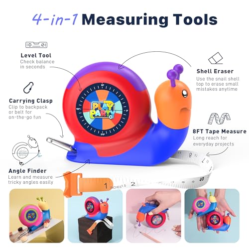 8ft Tape Measure for Kids, STEM Educational Tool with Level, Protractor and Eraser, Retractable Snail Shaped Measuring Tapes, Child-Safe Gift for Boys & Girls 3+, Blue - color: Blue