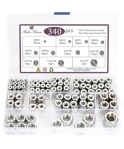Bates- SAE Hex Nuts Assortment Kit, 11 Sizes, 340 pcs, Stainless Steel, 4#40 6#32 8#32 10#24 10#32 12#24 1/4"-20 5/16"-18 3/8"-16 1/2"-13, Hardware Nuts