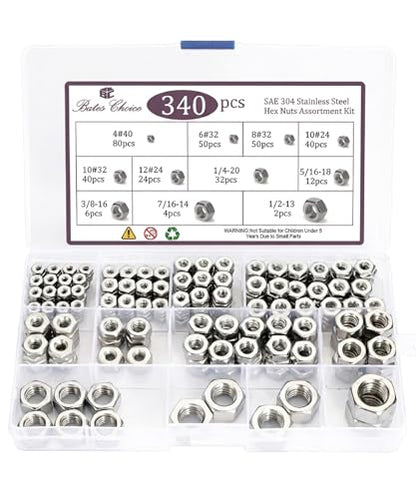 Bates- SAE Hex Nuts Assortment Kit, 11 Sizes, 340 pcs, Stainless Steel, 4#40 6#32 8#32 10#24 10#32 12#24 1/4"-20 5/16"-18 3/8"-16 1/2"-13, Hardware Nuts