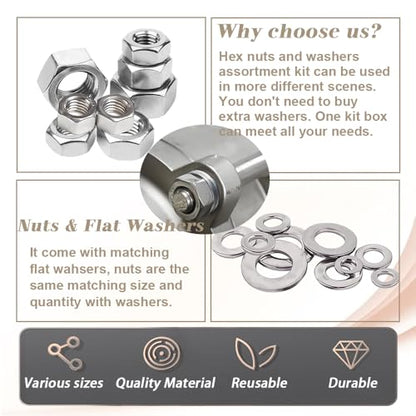 Dianrui 310PCS SAE Hex Nuts Assortment Kit with Flat Washers, 10 Size 304 Stainless Steel Hexnut Set Hardware Nuts #4-40,#6-32,#8-32,#10-24,#10-32,#12-24,1/4''-20,5/16''-18, 3/8''-16,1/2''-13 - size: 310PCS SAE Kit (#4-40—5/16''-18)
