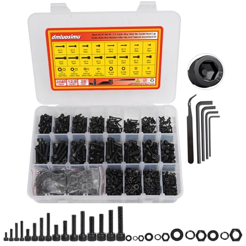 2040pcs 12.9 Alloy Steel Black Zinc Bolts and Nuts Hex Socket Screw Kit (Lock & Flat Washers)- M2,M3,M4,M5,Metric Screw Assortment, Socket Head Cap Screws.