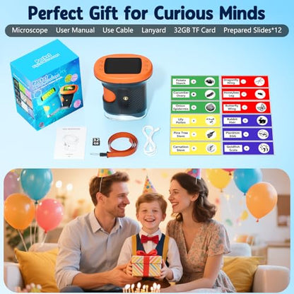 Odatay 2.4" 4K 1000X Digital Kids Microscope with 32G Card 12 Slides Orange - color: Orange