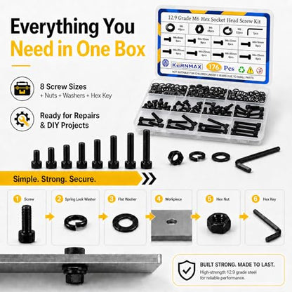 176PCS M6 Screws Assortment Kit, M6x8/10/12/16/20/25/30/35mm Hex Socket Head Cap Bolts Nuts & Washers Set, 12.9 Alloy Steel Black Oxide, M6 Screw Anti-Rust - size: M6 176pcs