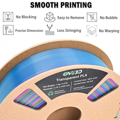 OVV3D Transparent Rainbow PLA Filament 1.75mm, Multicolor Blue Purple Yellow Translucent 3D Printer Filament, Clear PLA Gradient Color Change, Spool 1KG, +/- 0.02 mm, Fit Most FDM 3D Printers - color: Translucent Blue Purple Yellow