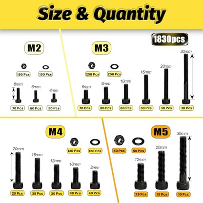 KADRICK 1830PCS M2 M3 M4 M5 Metric Screws Assortment,Hex Socket Head Cap - size: M2-M5 1830Pcs