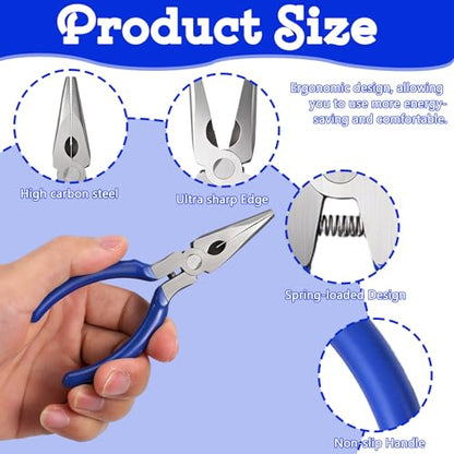 12-Piece Needle Nose Set with Wire Cutters, 5-Inch Mini Long Nose Pliers in Blue/Yellow/Red, Spring Loaded Precision Pliers for Crafts, Jewelry Making, Electronics Repair & Tiny Projects