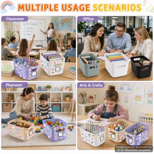 6 Pack Large Plastic Book Bins for Classroom with Composition Label Stickers Large Stackable Toy Storage Baskets Boxes Book Storage Bins for Back to School Library Home Office Organization Supplies