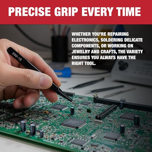Precision Tweezers Set, 5PCS Upgraded Anti-Static Stainless Steel ESD Tweezers Kit for Electronics Repair, Soldering, Laboratory Work, Jewelry-Making, Model Building, Crafts with Storage Bag