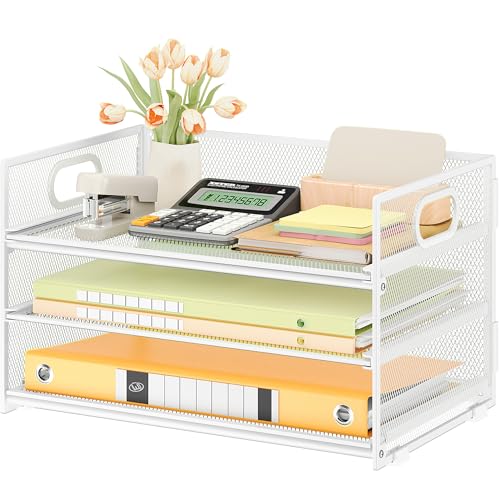 Subekyu 3 Tier Letter Tray Paper Organizer with Handle, 1 PC Sliding Tray, White Metal Mesh Desk File Folder Paper Sorter Organizer for Home Office School Desk Supplies Organization Storage - color: White, size: 12.6" x 9.1" x 8.1"
