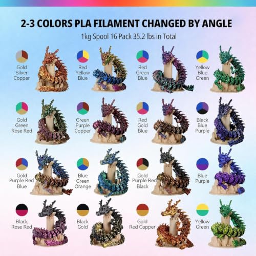 Kingroon 16KG Silk PLA Filament Bundle 1.75mm, Dual and Tri Color 3D Printer Multicolor Filament, 16x1 kg Spools, High Precision +/- 0.02mm, No Clogging Shiny 3D Printing Filament for FDM Printers - color: 16*1kg (Dual Color*5+tri Color*11)