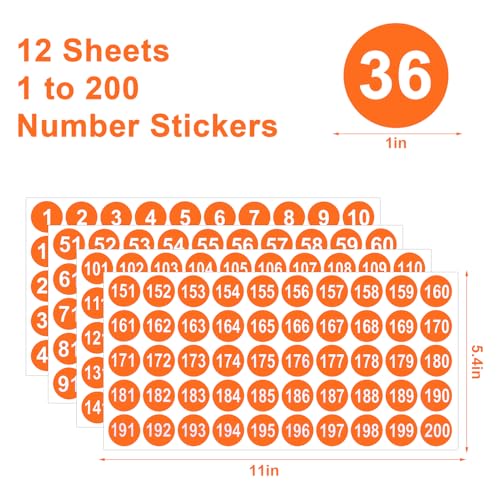 12 Sheets 1 to 200 Vinyl Number Stickers Orange Consecutive Number Stickers 3 Sets 1 Inch Self-Adhesive Waterproof Labels Inventory Stickers Decal for Indoor Outdoor Storage Organizing Classification - color: Orange,1",3sets(1-200)