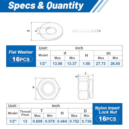 1/2-13 Lock Nut 32Pcs Stainless Steel Nylock Locking Nuts with Washers - size: locknuts-1/2" 32pcs