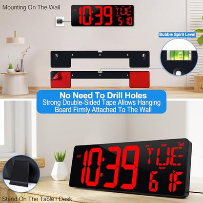17.2" Large Digital Wall Clock Bluetooth Auto Sync Time Big Timer Red - color: Red&black Shell