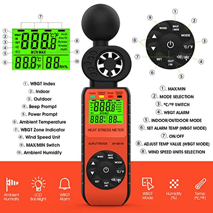 Heat Stress Meter Anemometer AP-881W Outdoor Wet Bulb Globe Thermometer