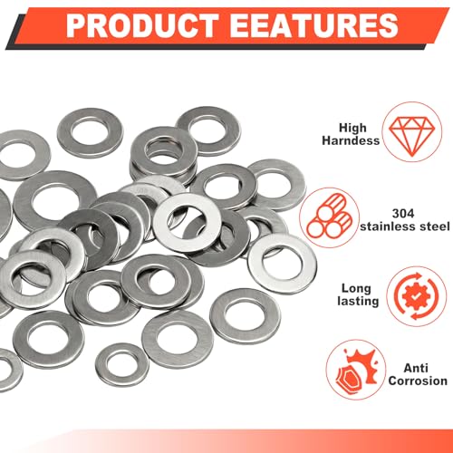 600 PCS Metric Flat Washers, 304 Stainless Steel Washer Assortment Kit, M3 M4 M5 M6 M8 M10 M12, Stainless Steel Washers for Screws and Bolts, Hardware Assortment for DIY & Repair