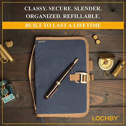 LOCHBY® Field Journal | Planner Cover | Water Resistant Waxed Canvas | Pen Loop | Included Tomoe River Notebook | Perfect for Travel, Art, Bullet Journal - color: Navy, size: A5 Hook