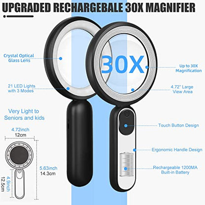 Rechargeable Magnifying Glass with Light, 30X 4.7IN Handheld Large Lightweight Lighted Magnify Len 21 LED 3 Modes Illuminated Book Magnifier forSenior,Reading,Inspection,Coin,JewelryChristmasGift - color: Black+white