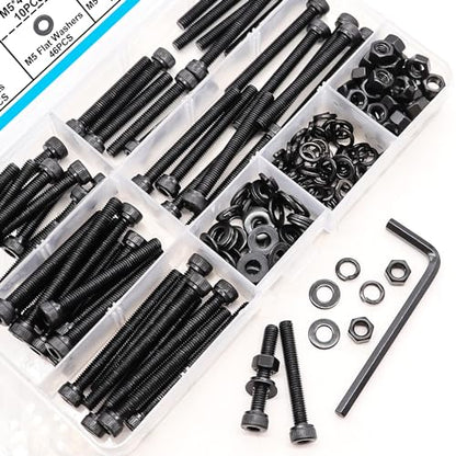 185PCS Black M5 Hex Socket Head Cap Screws, M5 x 30/35/40/45/50mm Metric Screws Bolts Nuts Washers Assortment Kit with Hex Wrench, 12.9 Grade Alloy Steel - color: BK-M5 x 30-50mm/
