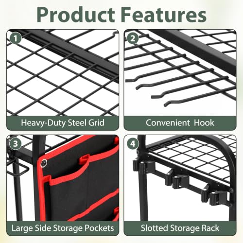 Chumia Garden Tool Organizer for Garage Storage, Heavy Duty Rolling Yard Tool Rack with Wheels and Side Bag, 3-Tier Rust-Resistant Metal Utility Cart for Shovels Rakes Brooms Shed Garage Outdoor