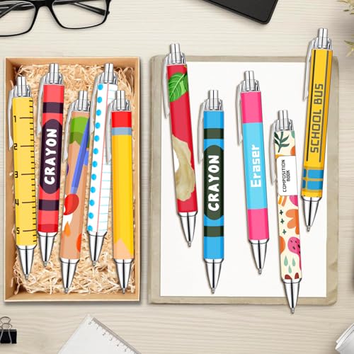 Teacher Appreciation Week Ballpoint Pens Set of 10 – Colorful Crayon-Inspired Teacher Theme Pens with Classroom Supply Designs – Smooth Black Ink Pens for Classroom, Office, and Thank You Gifts - color: Chalk Teacher
