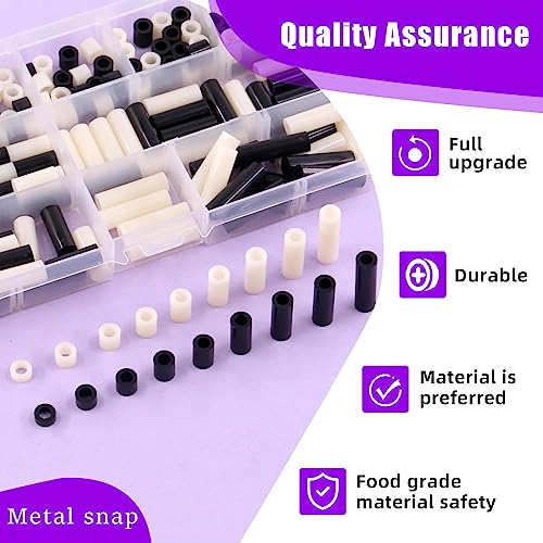 Swpeet 180Pcs Black White Nylon Round Spacer Standoff Screw Nut Assortment Kit, Nylon ABS Plastic Standoff ID 5.4mm OD 9mm, Length 3mm 5mm 6mm 8mm 10mm 12mm 18mm 20mm 25mm for M5 Screws Prototyping