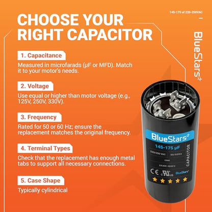 [2025 Upgraded] BlueStars 145-175 uf MFD 220-250 Round Motor Start Capacitor CD60 AC Single Phase Capacitors 50/60 Hz - Fit Air Conditioner Motors Starting, Pool Pump, Well Pump and Electric Motor - size: 145-175 MFD 220-250 VAC
