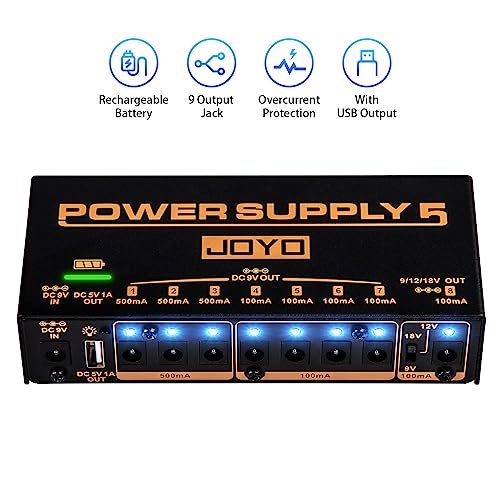 JOYO Built-in 4400mAh Rechargeable Battery Guitar Effect Pedal Power Supply 8 Outputs 9V 12V 18V (100mA, 500mA) Jacks & 5V/1A USB Port (JP-05)