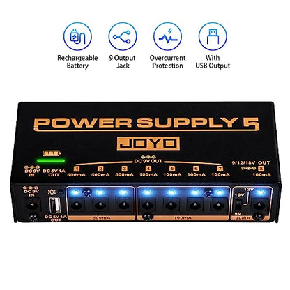 JOYO Built-in 4400mAh Rechargeable Battery Guitar Effect Pedal Power Supply 8 Outputs 9V 12V 18V (100mA, 500mA) Jacks & 5V/1A USB Port (JP-05)