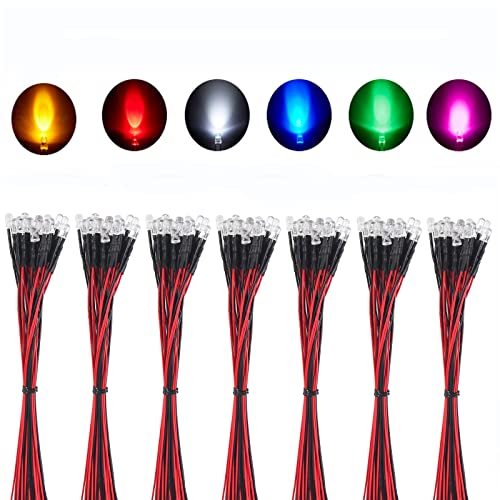 DORHEA 140Pcs 5mm LED Lights Emitting Diodes Pre Wired DC 12V 7 Color LED Ultra Bright Light Emitting Diodes Clear Lens Assorted Color Kit White Red Yellow Green Blue Orange Purple Small LED Lamps - color: Multi-colored, size: 5mm